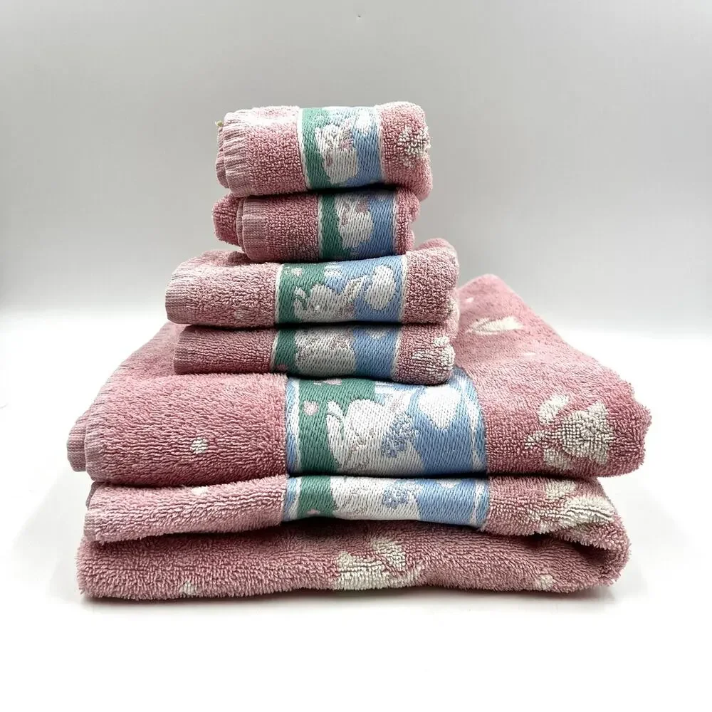 Vintage Towel Set Cottagecore Utica Cotton Sheep Rabbit Pink Fairy Kei